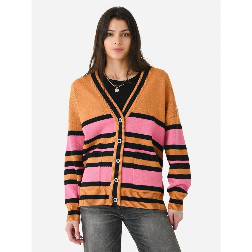 Hunter Bell Farrah Cardigan Sweater Size‎ XS Pink Tan Striped Cotton Acrylic